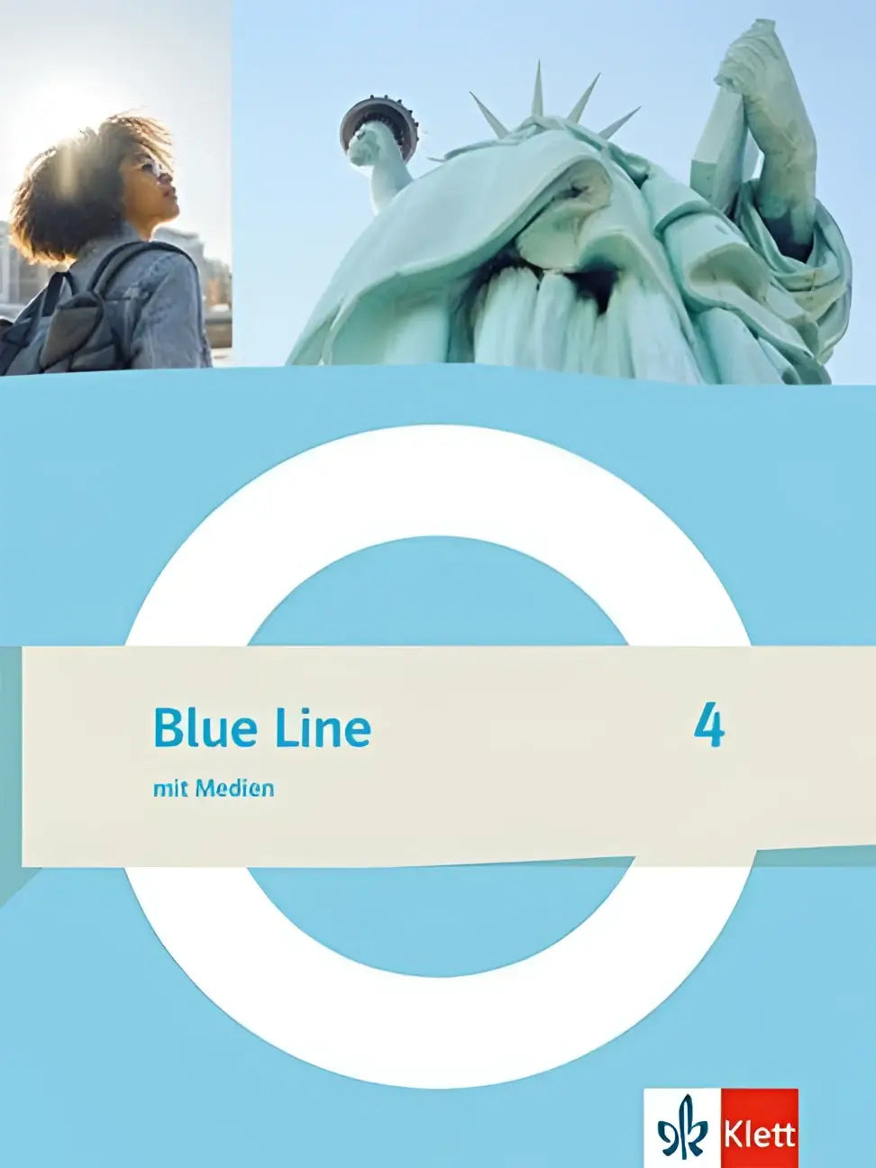 Blue line 4 schulbuch mit medien mit festem einband blaues cover met beeld van het vrijheidsbeeld en een jonge vrouw