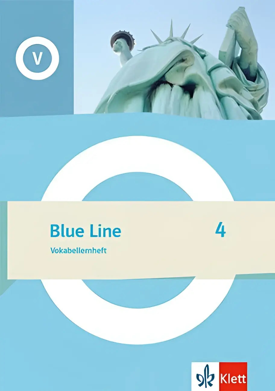 Blue line 4 vokabellernheft klasse 8 met lichtblauwe omslag en beeld van het vrijheidsbeeld voor vocabulaire leren