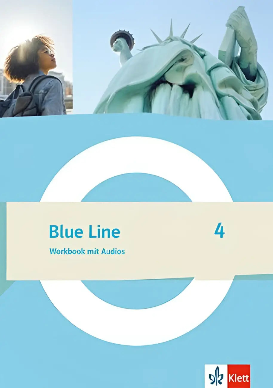Blue line 4 workbook mit audios von klett mit hellblauem cover und Bildern der freiheitsstatue und einer person im freien