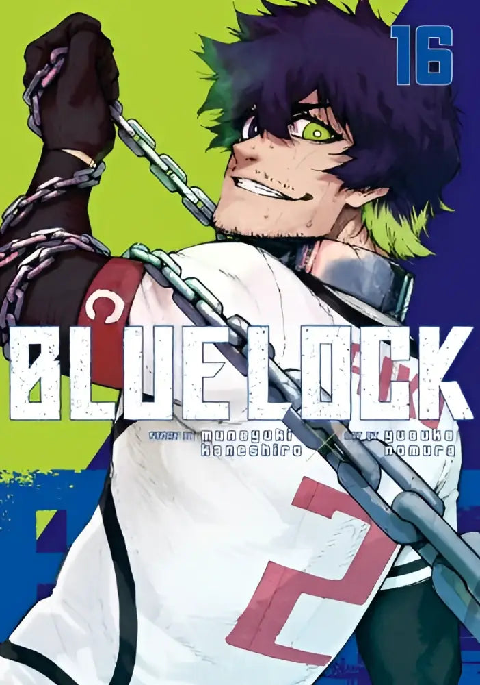 De cover van blue lock manga volume 16 toont een personage met stekelig donker haar en groene ogen in een wit shirt met rood nummer twee