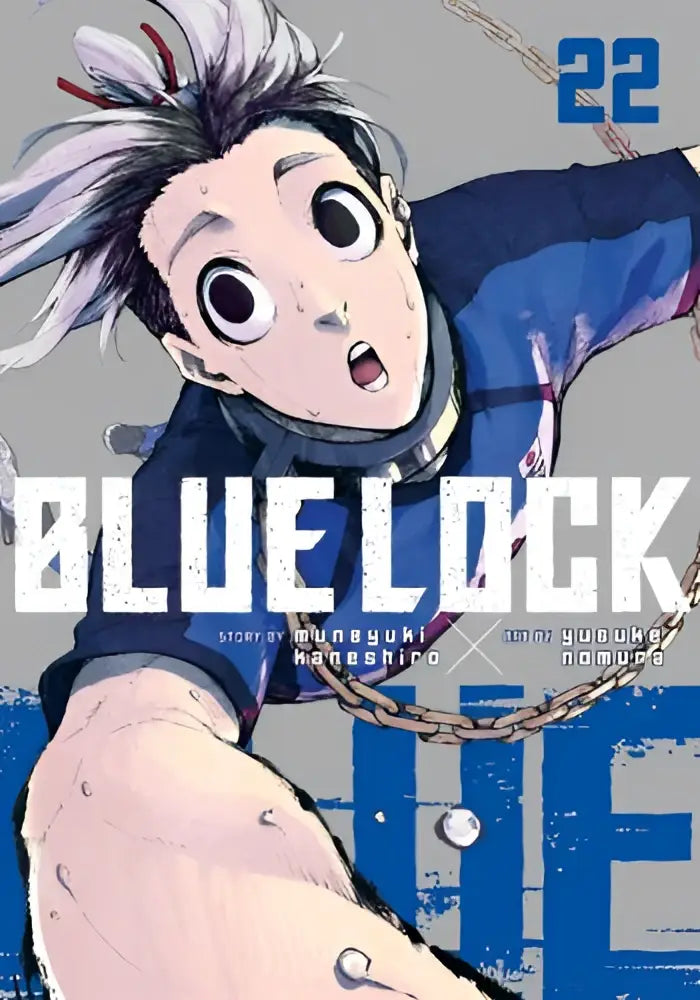 Blue lock volume 22 manga cover featuring a young male character with spiky white hair in a blue sports jersey