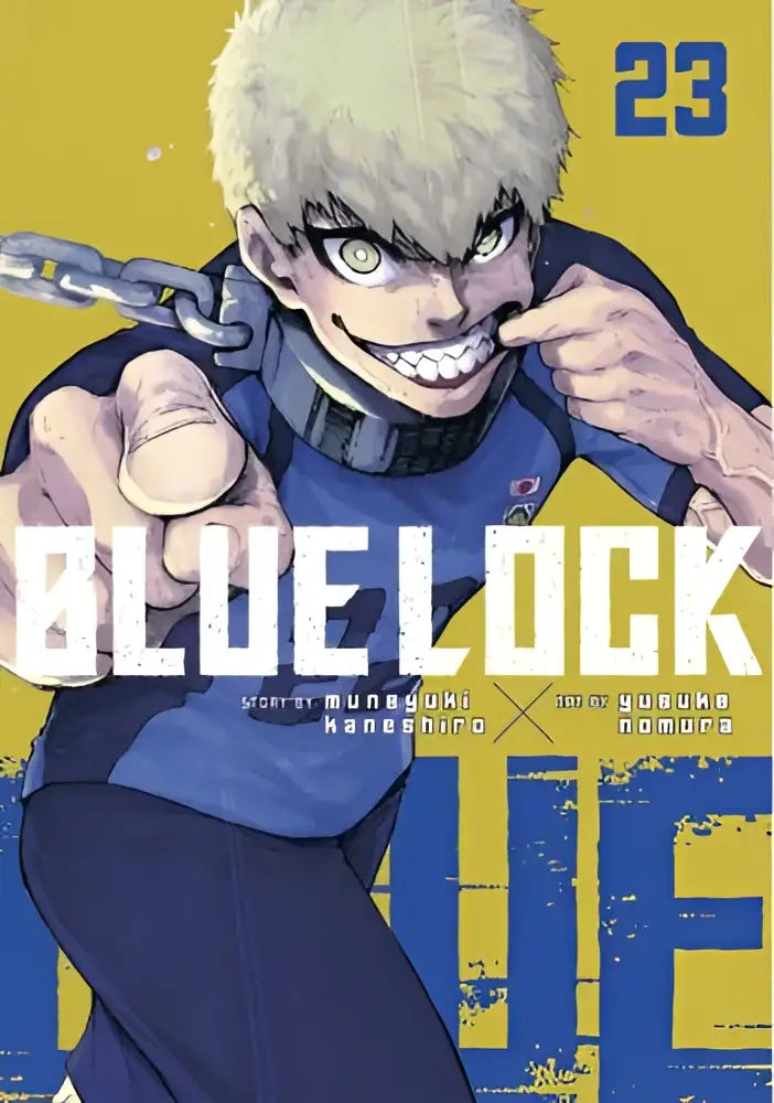 Blue lock volume 23 manga cover featuring a blonde-haired character in blue uniform with a chain around his neck