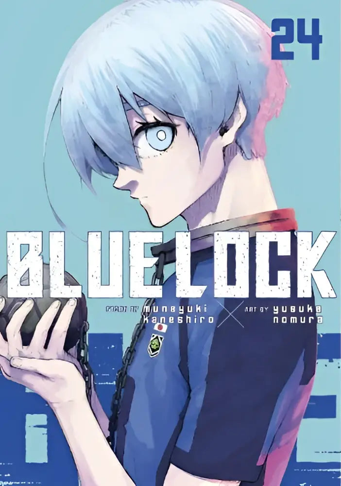 Blue lock volume 24 manga cover featuring a character with silver-blue hair and blue eyes holding a black soccer ball
