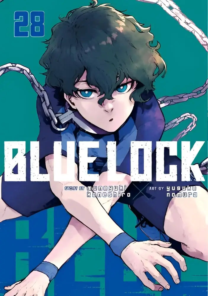 Blue lock volume 28 manga cover featuring a young male character with dark curly hair and blue eyes
