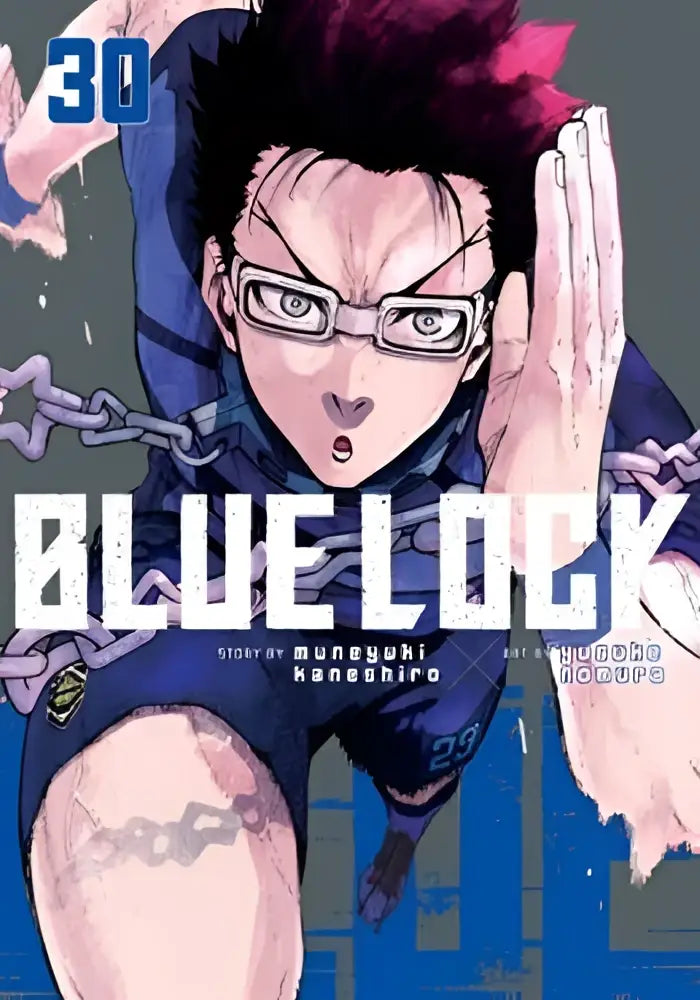 Blue lock volume 30 manga cover featuring character with spiky red hair glasses and chains around wrists