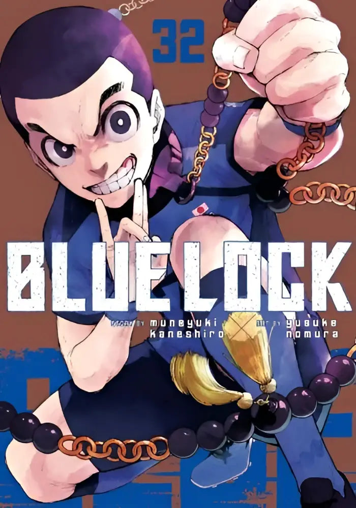 Blue lock volume 32 manga cover featuring a character in a navy blue uniform with gold and purple accents