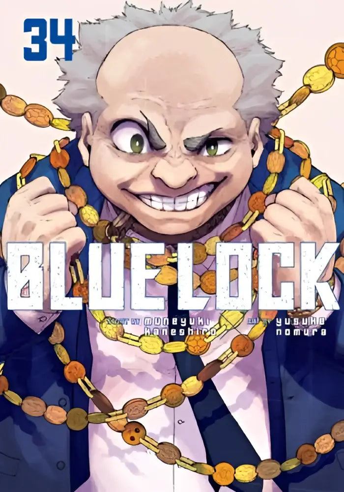 De cover van blue lock 34 toont een kale man met wit haar en groene ogen met een oranje-gele kralenketting