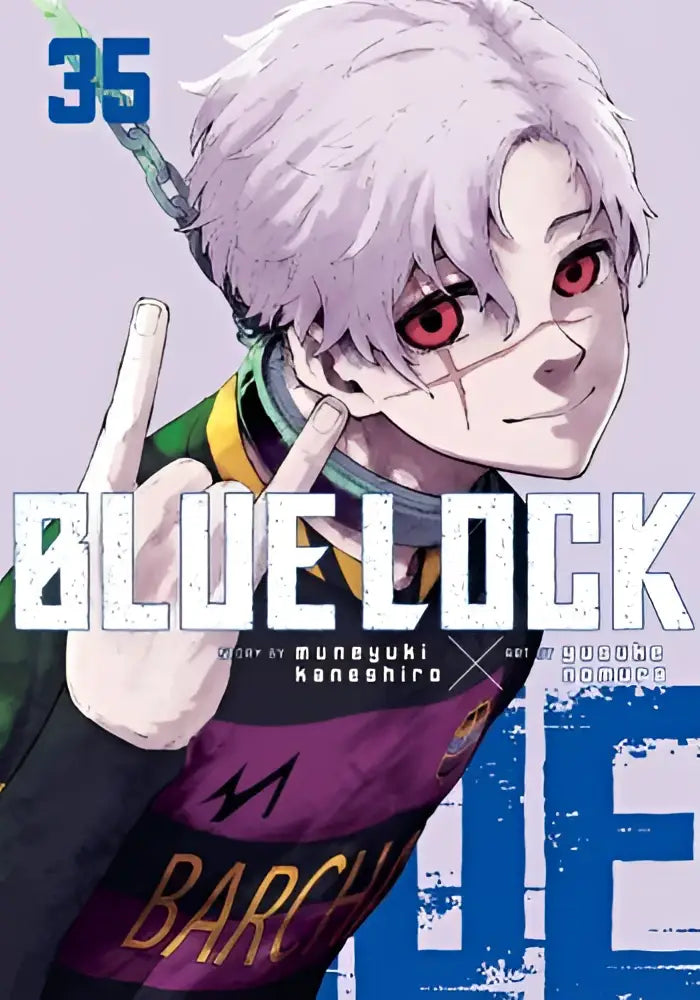 De cover van blue lock 35 manga toont een personage met zilver haar en rode ogen in een paarse voetbaltrui