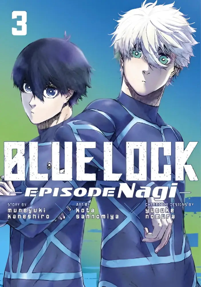 Blue lock episode nagi 3 manga cover featuring two characters in blue and black athletic uniforms with cyan lines