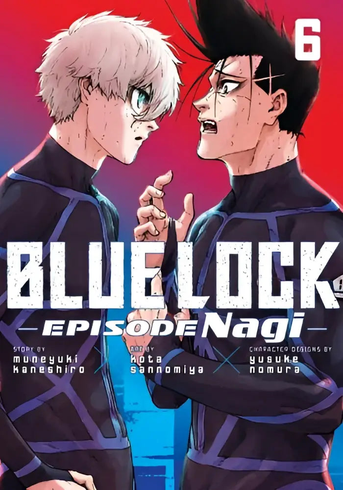 De cover van blue lock episode nagi manga volume 6 toont twee personages in donkerblauw uniform tegen rode achtergrond