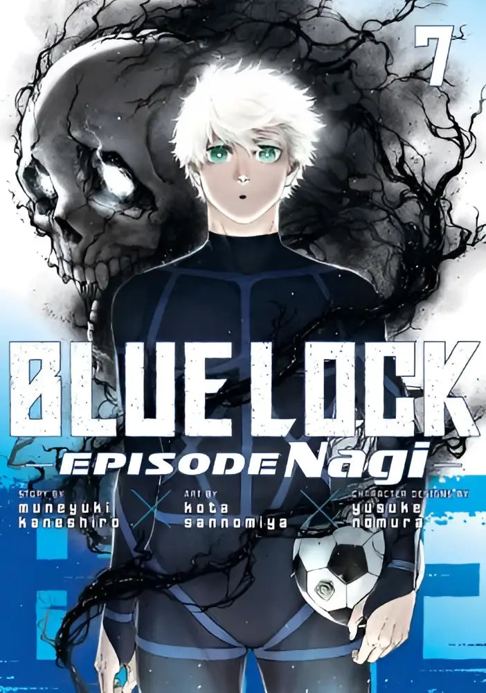 Manga cover van blue lock episode nagi volume 7 met een witharige character in donkerblauw sporttenue en voetbal