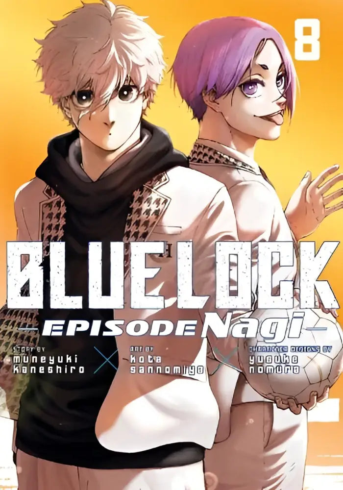 Cover van blue lock episode nagi volume 8 manga met twee animepersonages met wit en paars haar