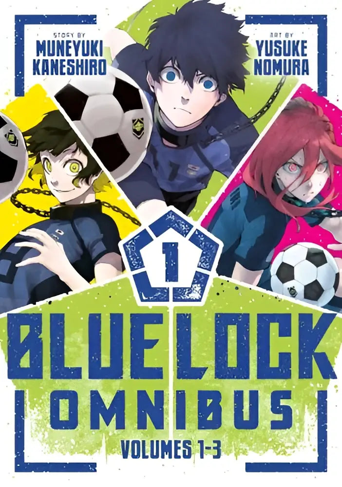 Blauwe lock omnibus 1 met manga-omnibus volumes 1-3 met anime personages in voetbaltenues en blauwe en groene accenten