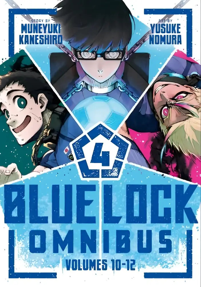 Blauwe en witte geïllustreerde cover van blue lock omnibus volumes 10-12 manga geschikt voor blue lock fans