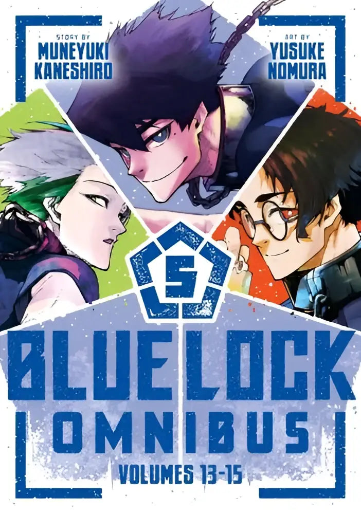 Blue lock omnibus 5 vol 13-15 manga cover met drie animepersonages en een dynamische geometrische achtergrond