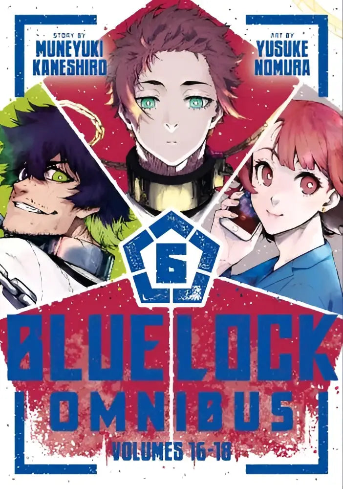 Blue lock omnibus volumes 10-18 manga book cover in blue and red featuring three characters with distinct hair colors