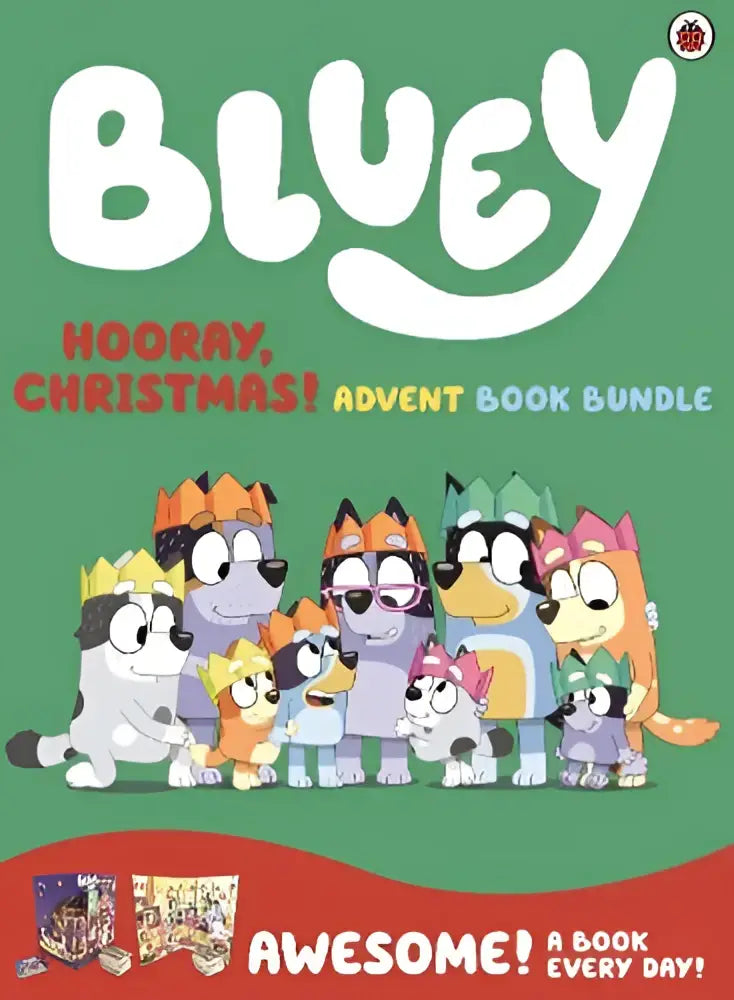 Bluey advent book bundle featuring festive cartoon dogs in crowns and holiday attire for christmas celebration