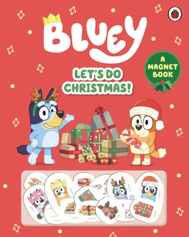 Bluey let’s do christmas magnetenboek met feestelijke personages en levendige rode omslag voor creatieve kinderboeken