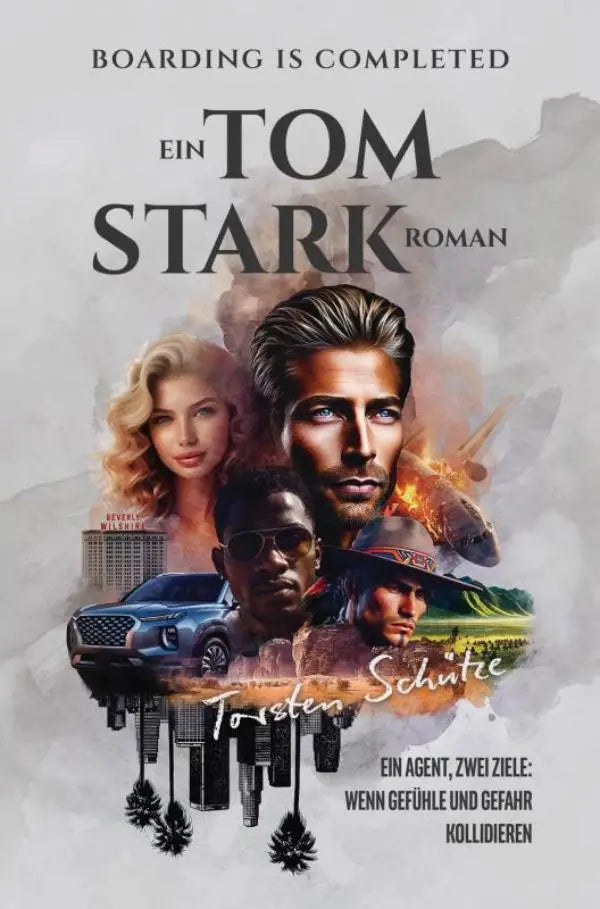 De cover van het boek ein tom stark roman toont een dramatische collage met vier personages en een blauwe luxeauto