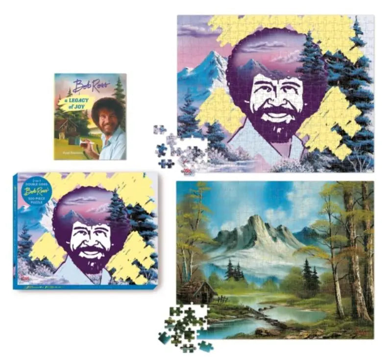 Bob ross 2-in-1 double-sided 500-piece puzzel met levendig portret met paars haar en baard en berglandschap