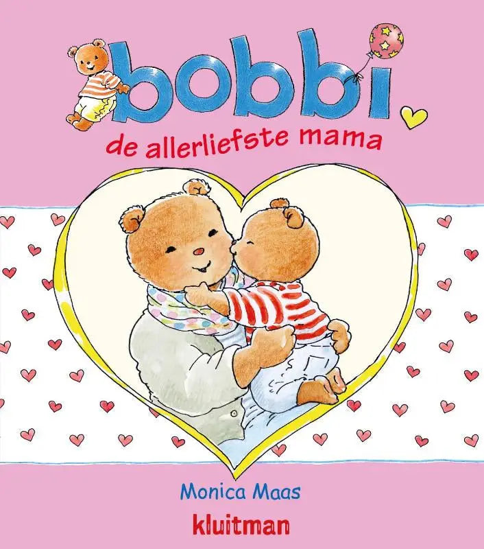 Pink kinderboekcover allerliefste mama met hartvormige illustratie van twee teddyberen door monica maas binnen peuterboeken