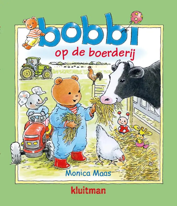 Boekcover bobbi op de boerderij met cartoonbeer in blauwe overall die hooi aan zwart-witte koe voert voor jonge lezers