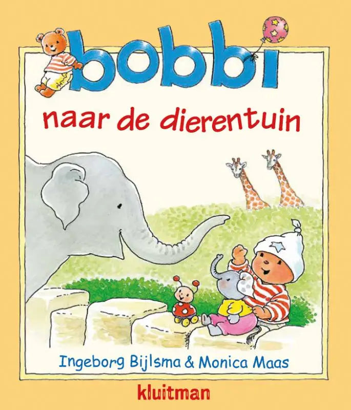 Boekcover van bobbi naar de dierentuin met cartoon van een baby en dieren voor jonge lezers