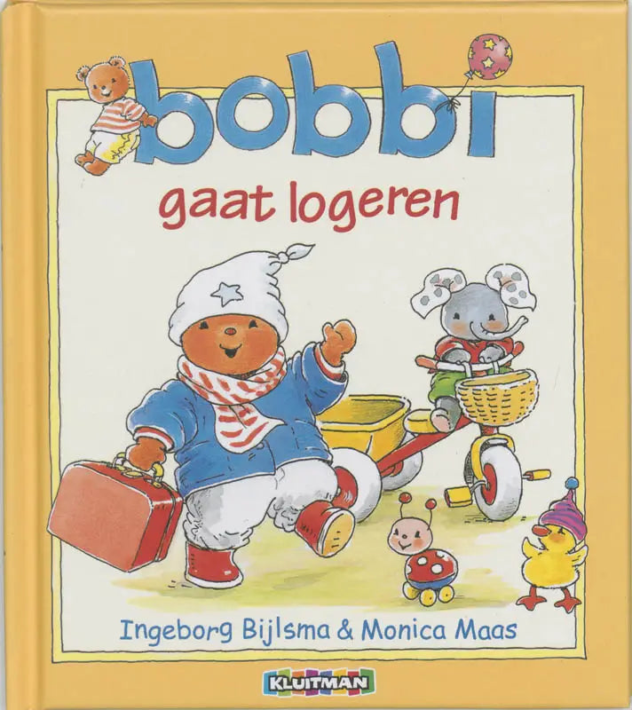 Gele hardcover kinderboek bobbi gaat logeren met bobbi, een rode koffer en cartoon dieren voor jonge lezers