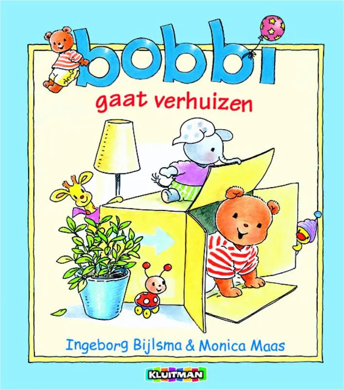 De cover van kinderenboek bobbi gaat verhuizen toont een gele kartonnen doos met cartoon dieren rondom en erin