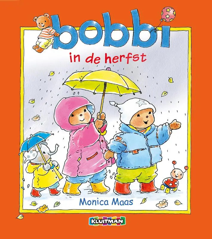 Bright kleurrijke kinderboekcover van bobbi en vrienden in regenjassen met paraplu onder regenachtige lucht voor jonge lezers