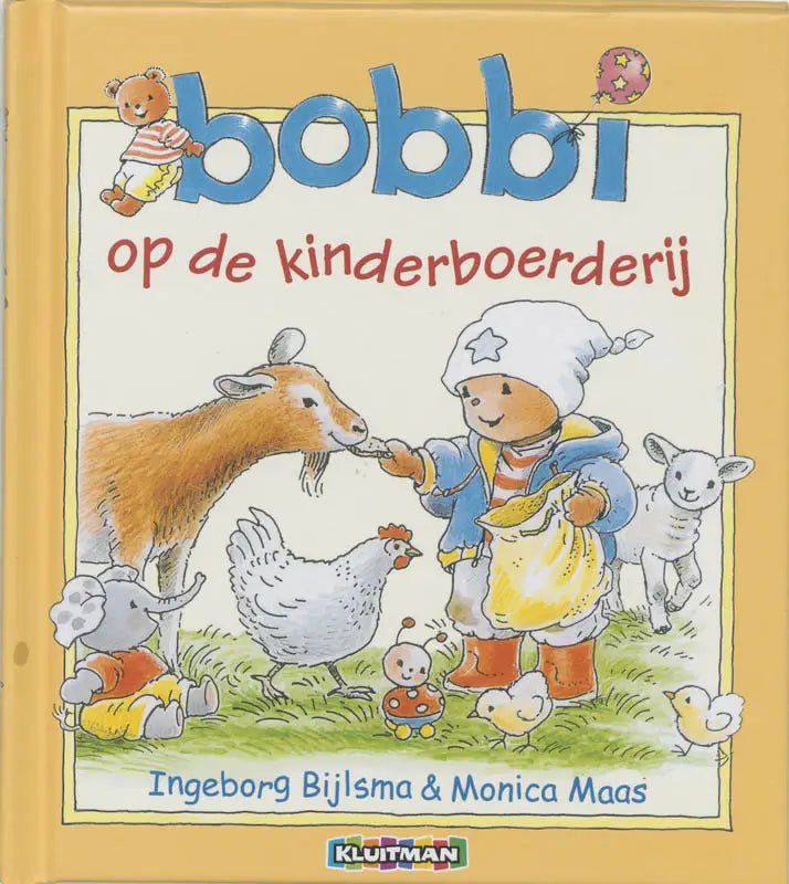 Gele hardcover kinderboek bobbi op de kinderboerderij met cartoonillustratie van een kind dat een dier voert voor jonge lezers