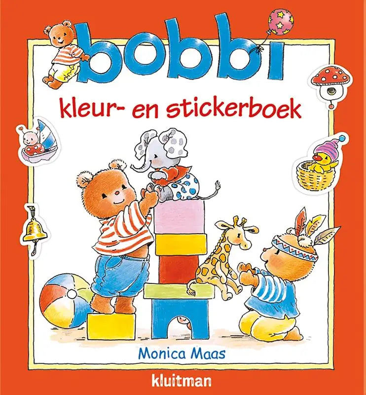 Bobbi kleur- en stickerboek van monica maas met felgekleurde cartoonberen en speelgoed op oranje omslag
