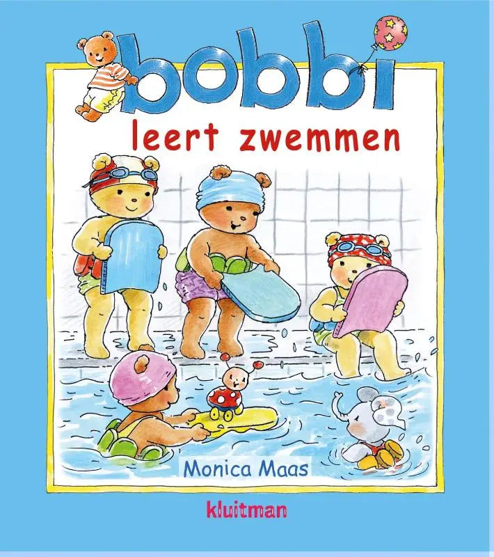 Blauw en rood geïllustreerde kinders boekcover voor bobbi leert zwemmen met cartoonberen die zwemmen leren voor jonge lezers