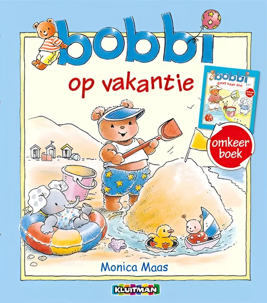 Kleurrijk kinderboek bobbi omkeerboek zomer met bobbi gaat naar zee en vakantie, beer in blauw zwemkleding bij zandkasteel