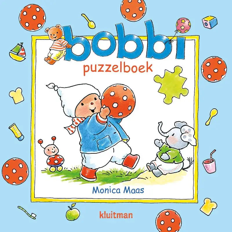 Kleurrijk bobbi puzzelboek binnen peuterboeken met cartoonkind in blauwe tuinbroek en rode laarzen met ballen