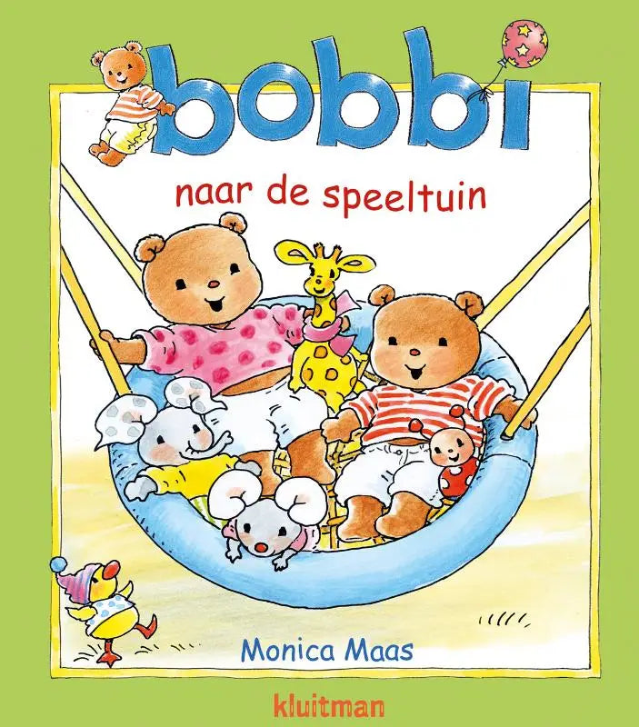 Blauwe schommel met gele touwen en cartoon beren voor jonge lezers in bobbi naar de speeltuin