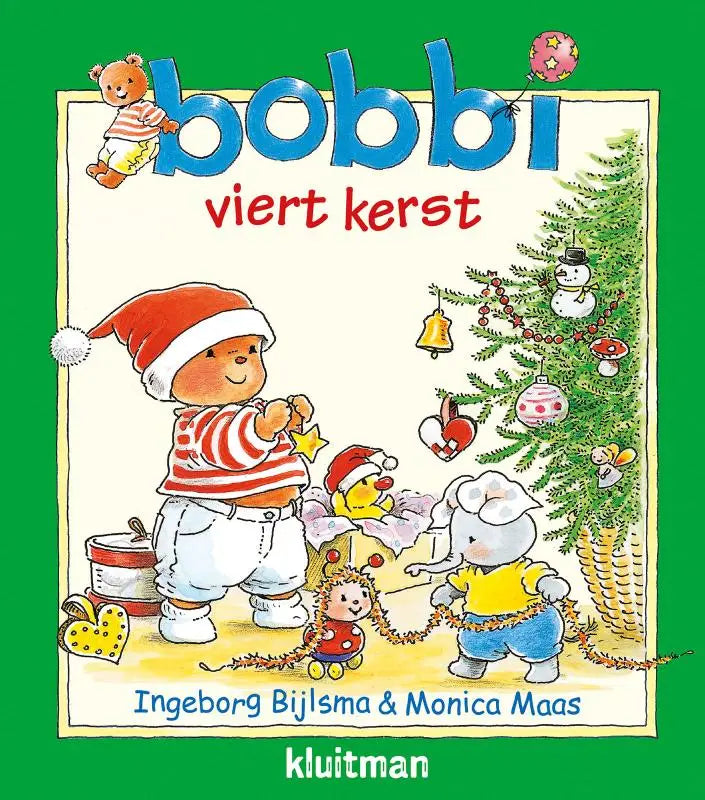 Bobbi viert kerst toont een vrolijke beer in een roodwit gestreepte trui met een kerstboom voor jonge lezers