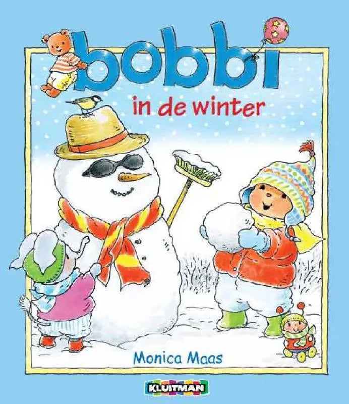 Bobbi in de winter met een vrolijke sneeuwpop in een gele hoed en rode gele sjaal gericht op jonge lezers