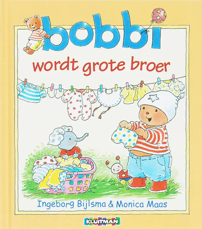 De cover van bobbi wordt grote broer toont bobbi in een vrolijke cartoonstijl gekleed in rood-wit gestreept shirt en blauwe broek voor jonge lezers