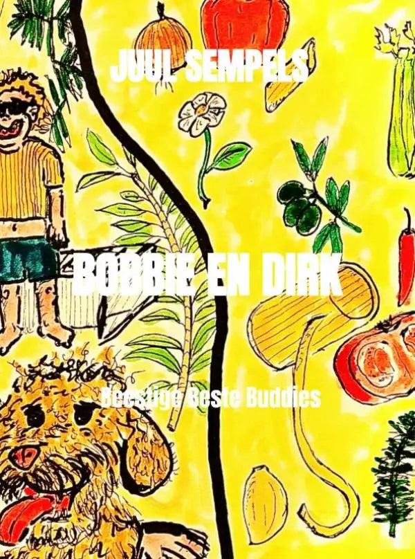 Felgeel geïllustreerde boekcover bobbie en dirk met cartoonfiguren en groenten voor jonge lezers en beestige buddies