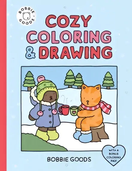 Cozy coloring and drawing book by bobbie goods featuring a winter scene with two cartoon characters in snow