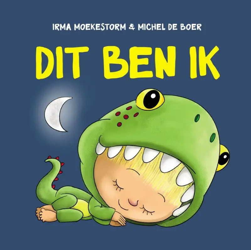 Cover van groen dinostijl kinderenboek dit ben ik met slapend kind in pluchen kostuum voor jonge lezers
