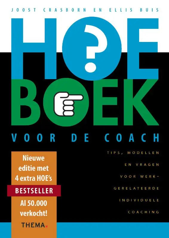 Het boek hoe-boek voor de coach toont bold blauwe en groene letters met een witte wijzende hand en is geschikt voor individuele coaching door ellis buis en joost crasborn