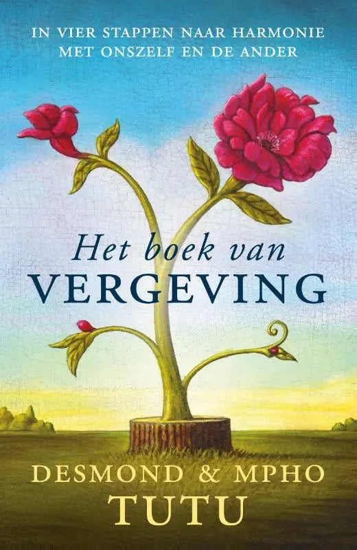 Het boek van vergeving cover met een viervoudig pad boom met roze bloemen tegen een zachte blauwe lucht
