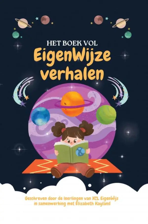 Een kind met vlechten leest een groen boek op een oranje kleed tegen een kosmische achtergrond eigenwijze verhalen voor jonge lezers