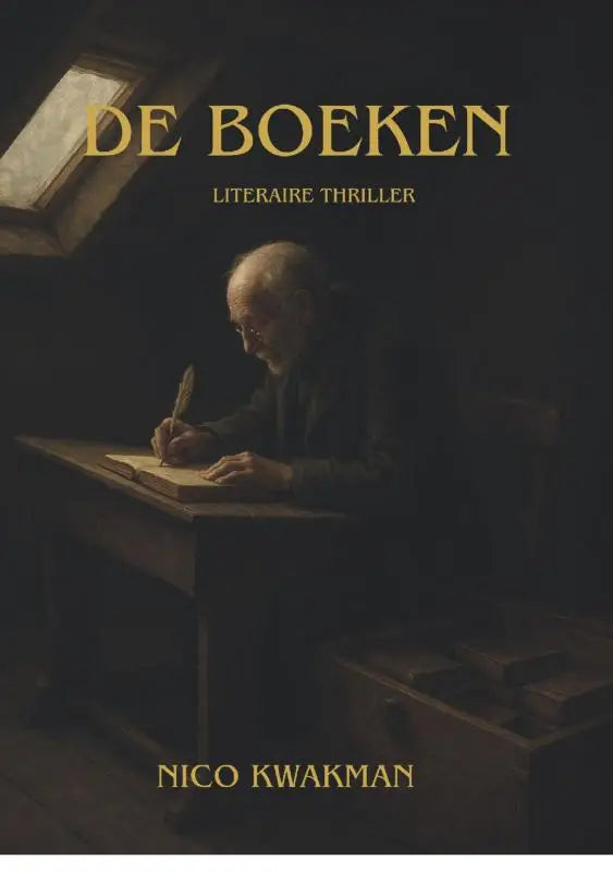 Donkere cover van het boek de boeken door nico kwakman met gouden letters en illustratie van een man die schrijft met een ganzenveer