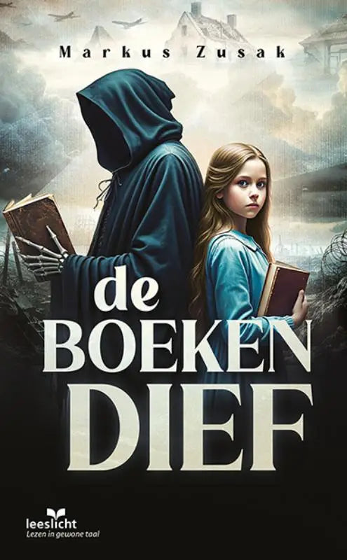 Boekendief boekomslag met donkergroene gemaskerde figuur en meisje in blauw tegen mistig oorlogslandschap