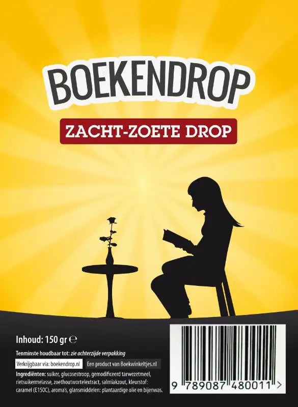 Boekendrop zoet zachte zoete drop karamel hard candy in gele en rode verpakking voor jonge lezers in 150 gram verpakking