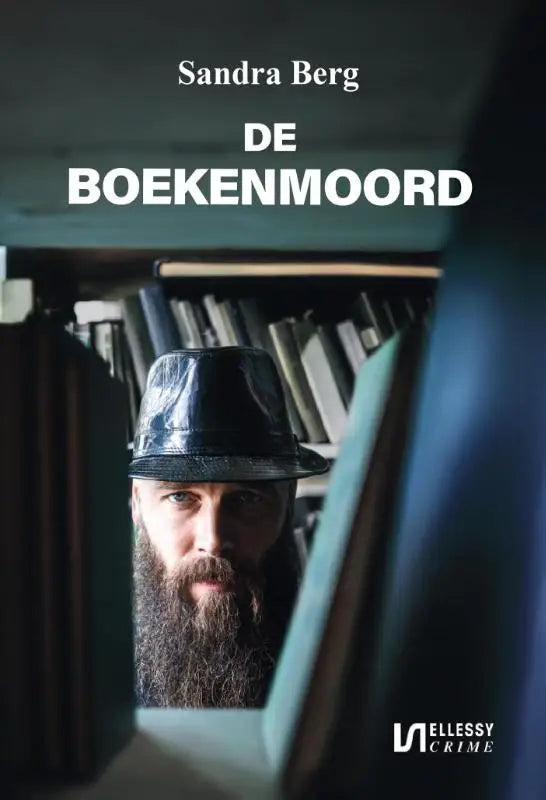 Een man met een lange donkere baard en een glanzende zwarte fedora hoed in het boek de boekenmoord