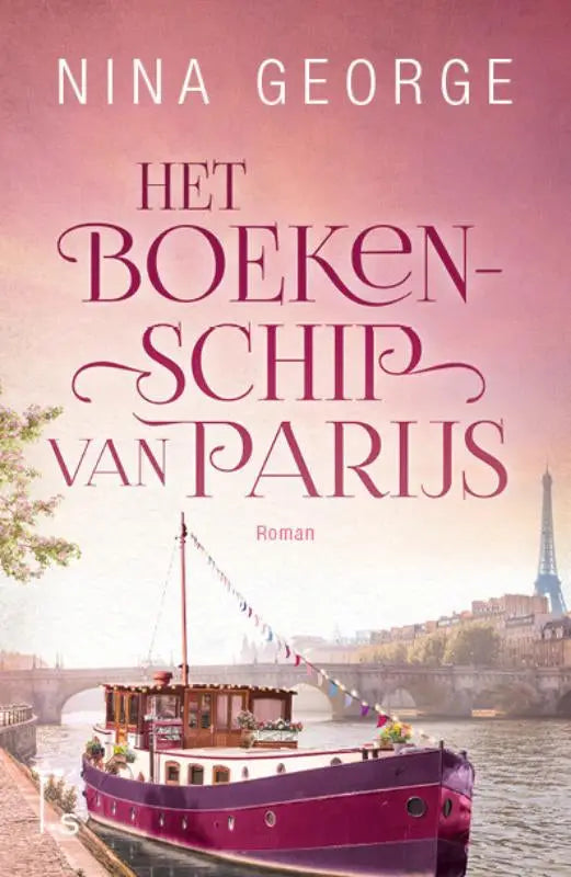 A maroon and white riverboat with wooden details festively decorated in het boekenschip van parijs by nina george nederlandstalige paperback